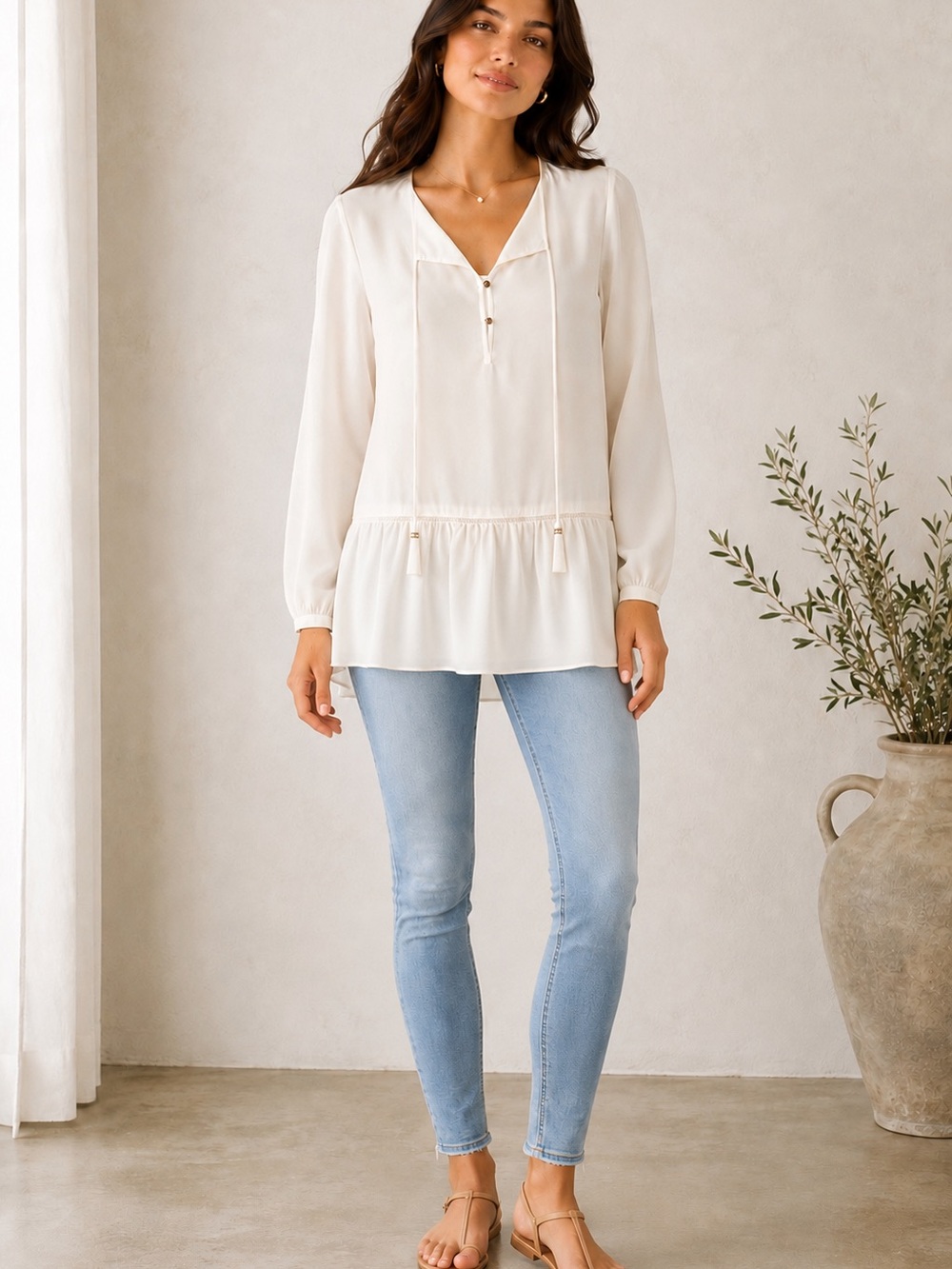 NEW! Calypso St. Barth 100% Silk Ivory Tunic Blouse Boho Peplum Top - XS